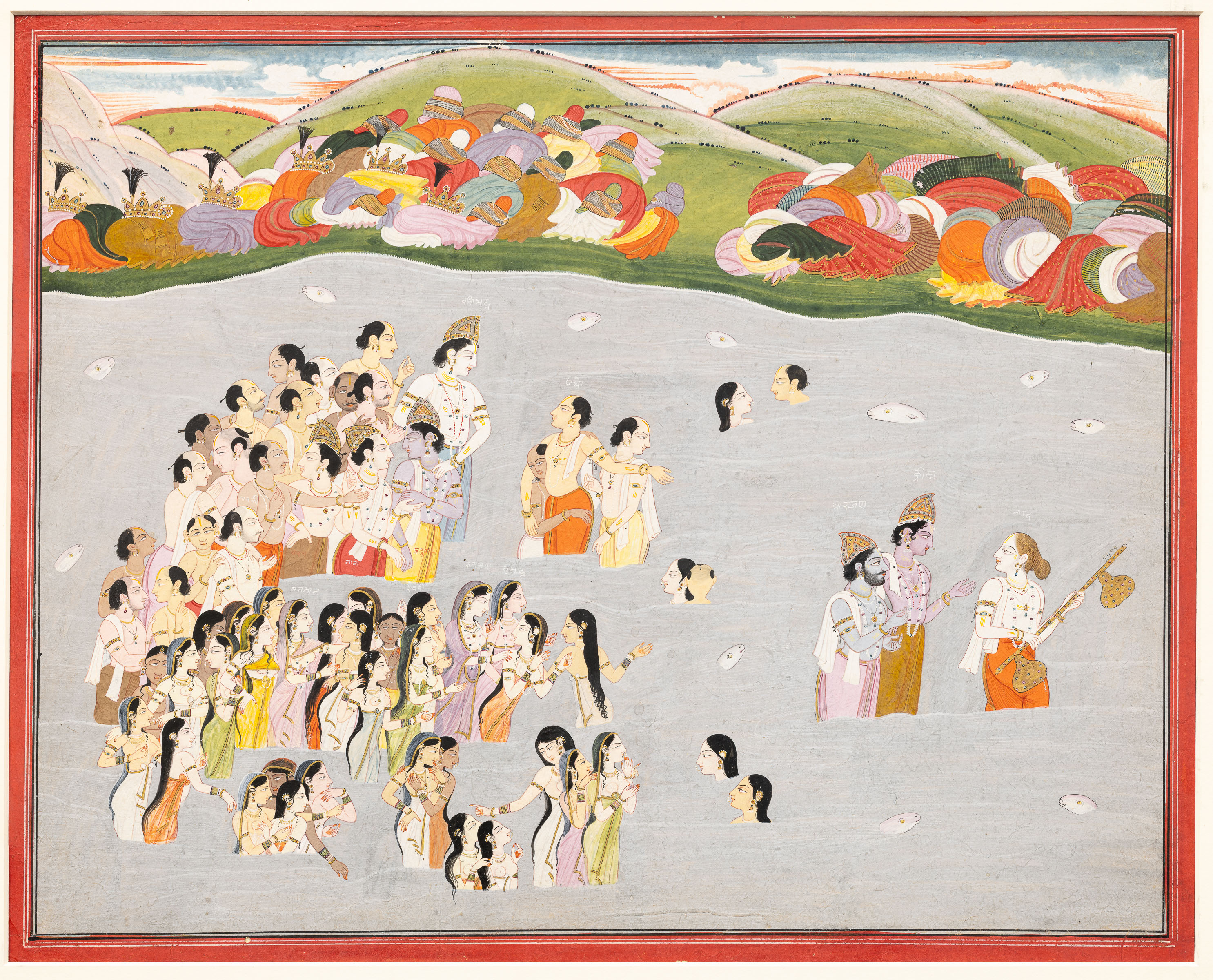 Crowns, turbans, and sumptuous heaps of garments along the Harivamsa riverbank